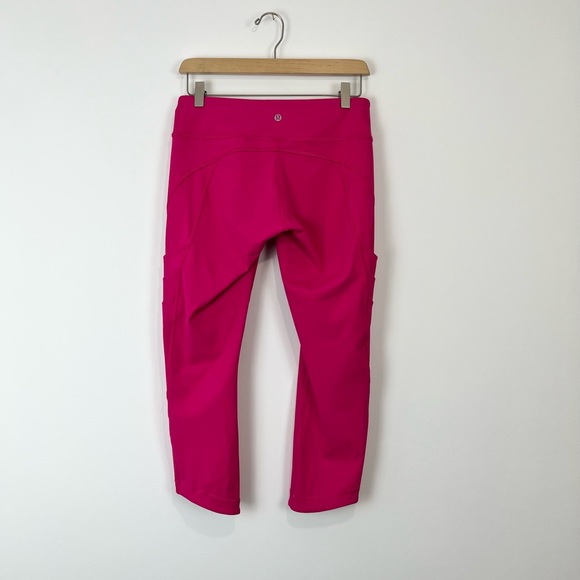 Lululemon Bright Pink Tech Yoga Gym Cropped Stretch Logo Leggings UK 12 - Picture 9 of 11